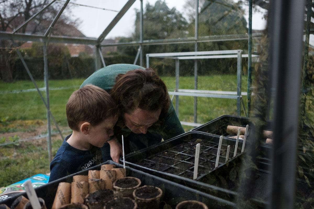 Mother and son working in greenhouse in garden.