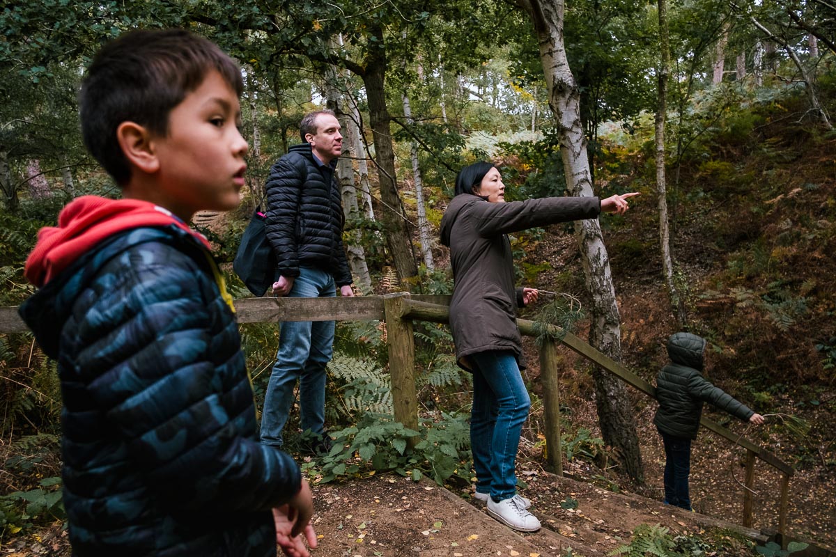 Family pointing at different routes in forest
